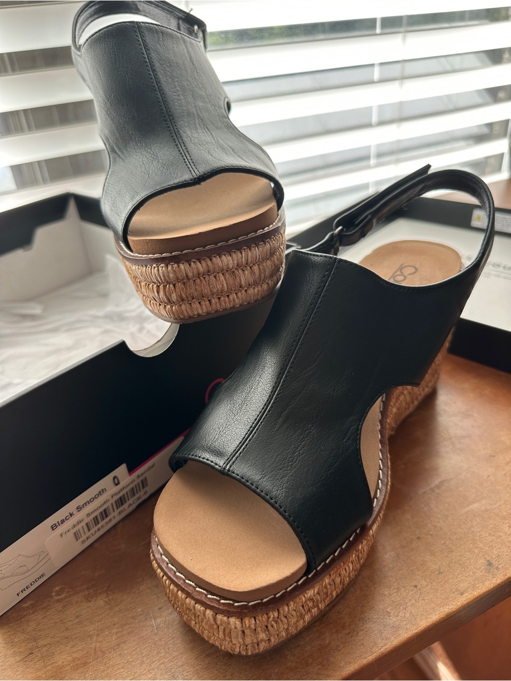NIB Corkys Black Leather Slingback Wedge Sandals with Espadrille Platform - Picture 8 of 13